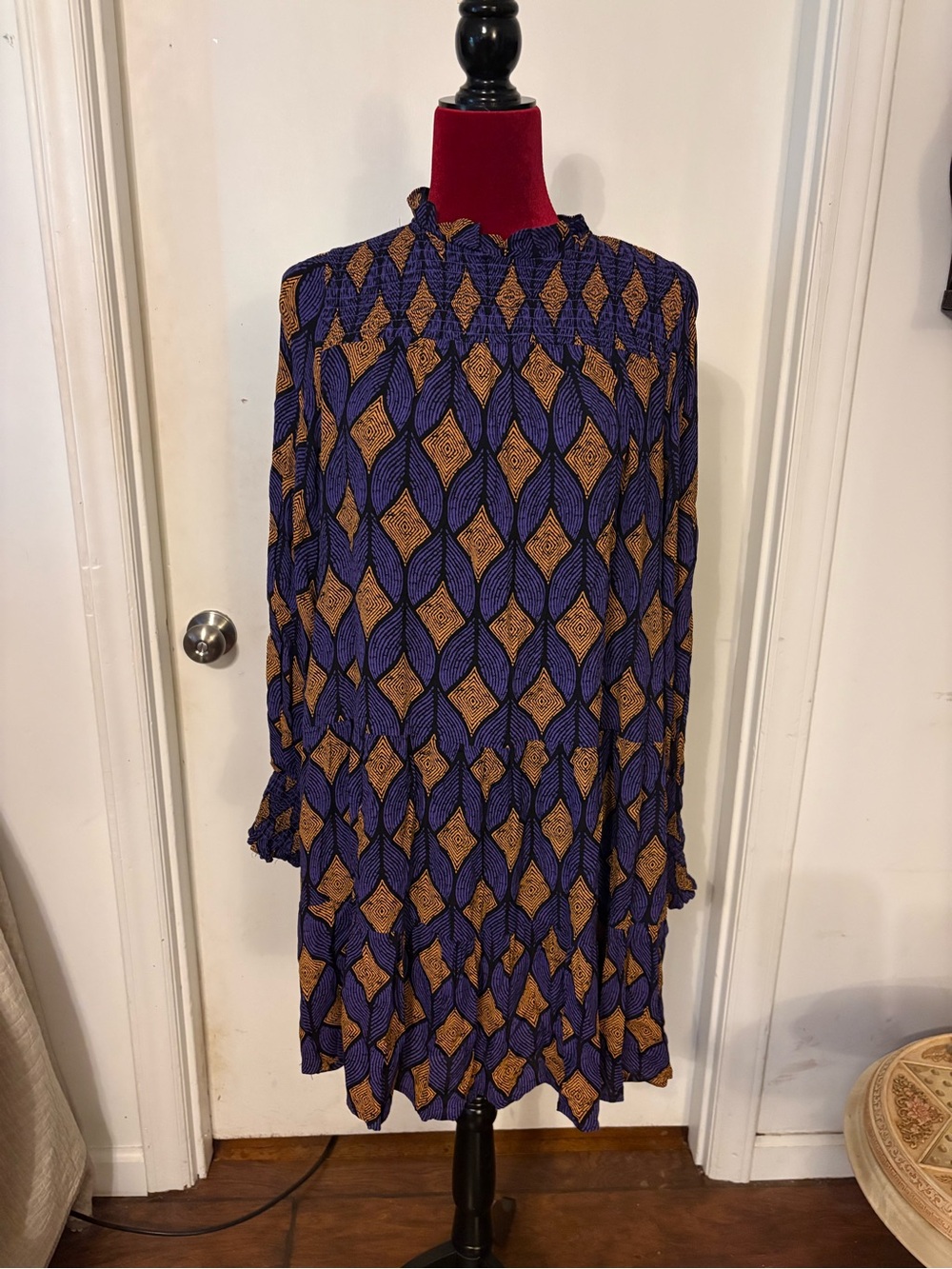 MELLODAY Purple and Brown Geometric Long-Sleeve Dress